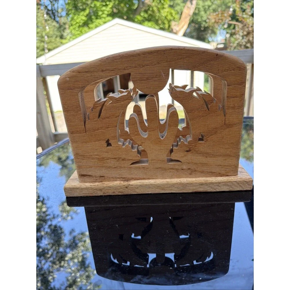 Handcrafted Wooden Wolf And Cactus Napkin Holder RusticFarmhouse Decor Southwest
